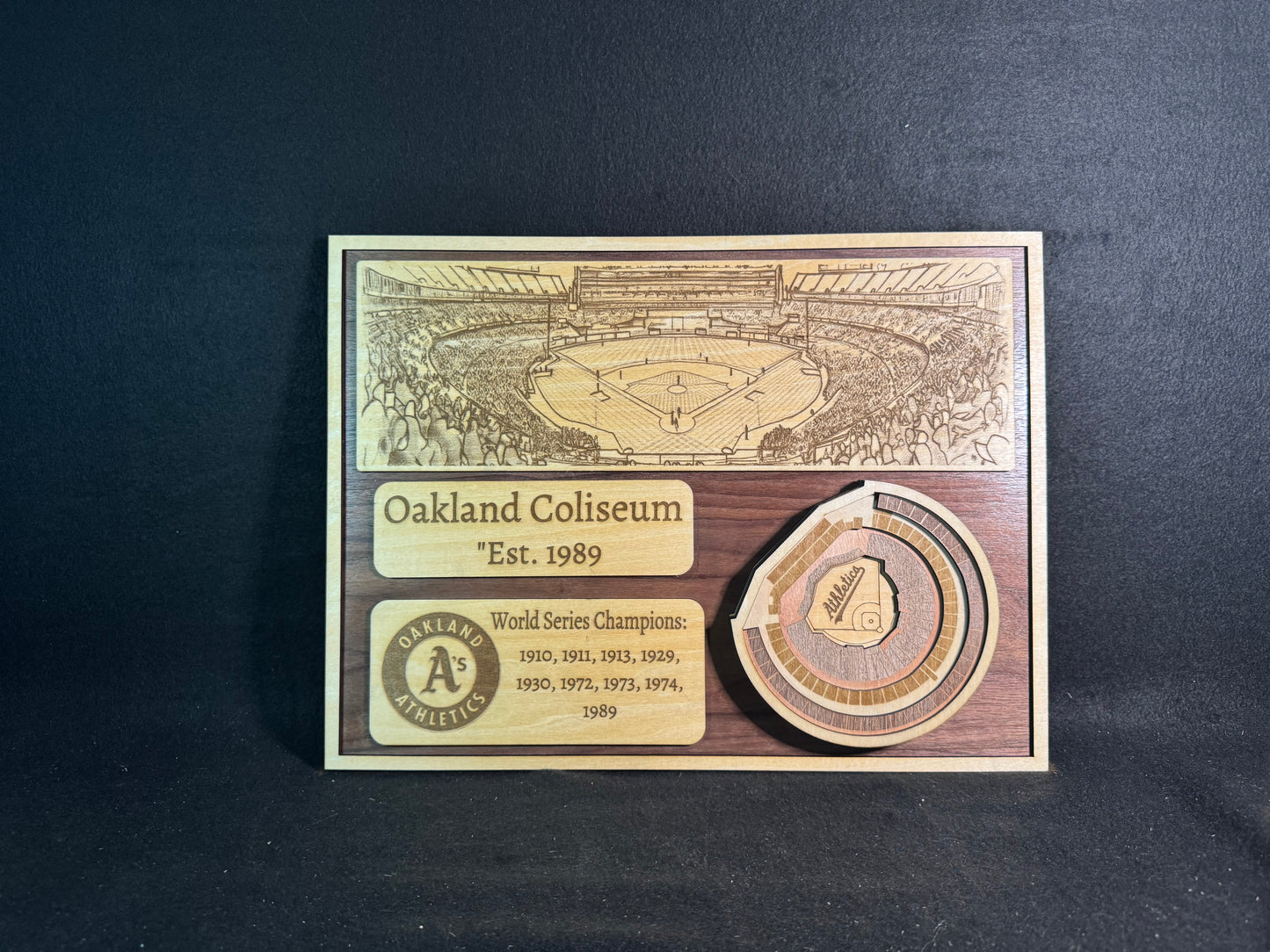 Oakland Coliseum 3D Layered Wood Art - Oakland Athletics Baseball (Handmade)