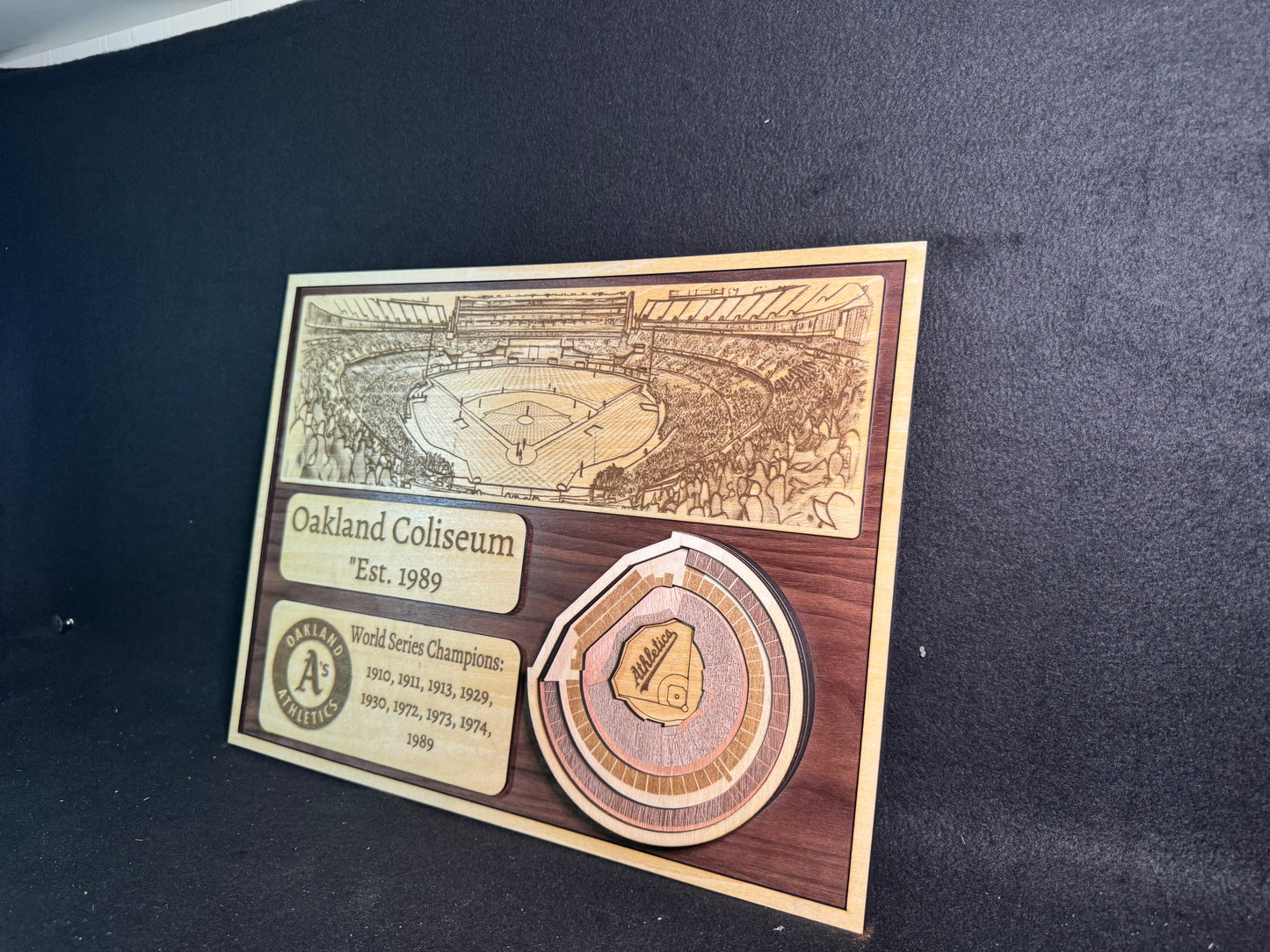 Oakland Coliseum 3D Layered Wood Art - Oakland Athletics Baseball (Handmade)