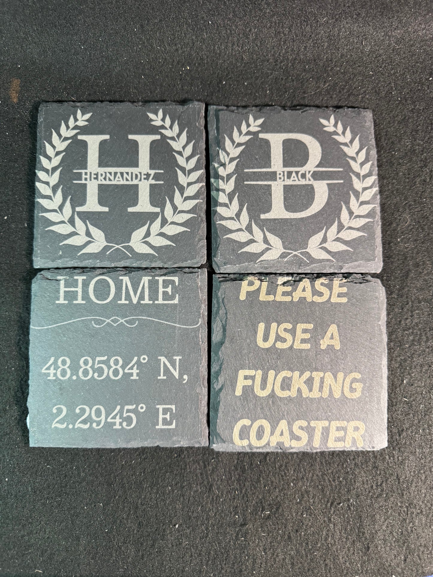 Custom Engraved Slate Coasters – Personalized Names, Dates, or Logos (Set of 4)