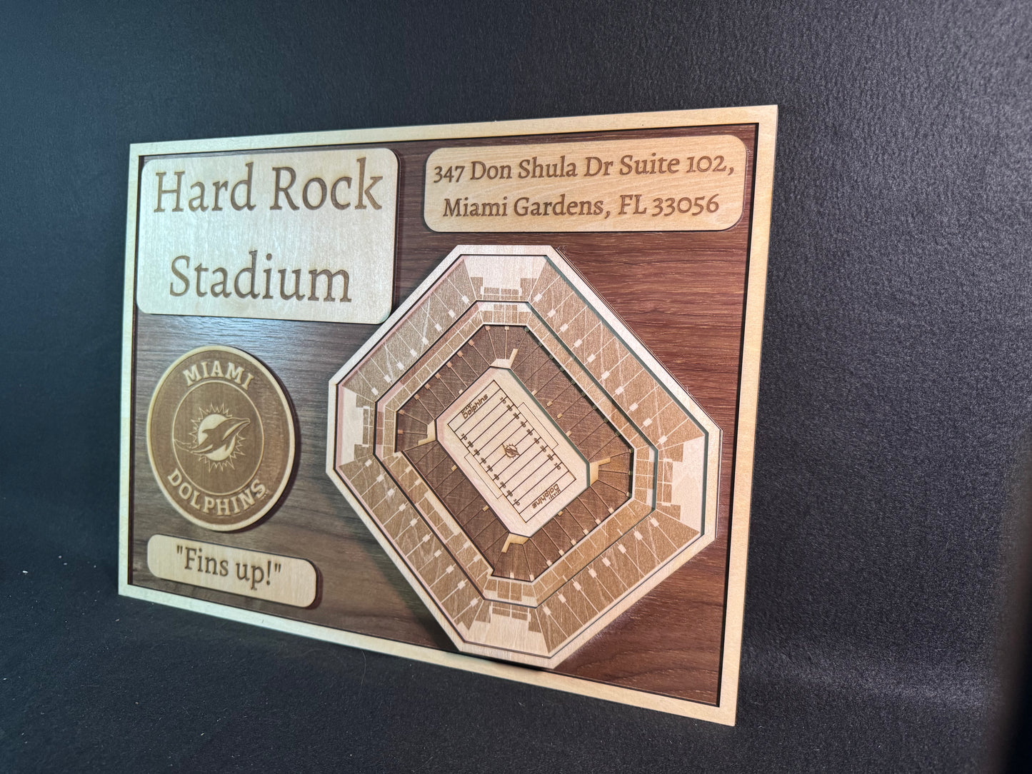Hardrock Stadium 3D Layered Wood Art - Miami Dolphins Football (Handmade)