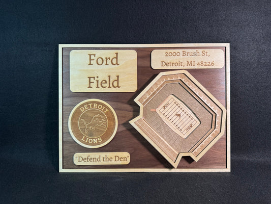 Ford Field 3D Layered Wood Art - Detroit Lions Football (Handmade)