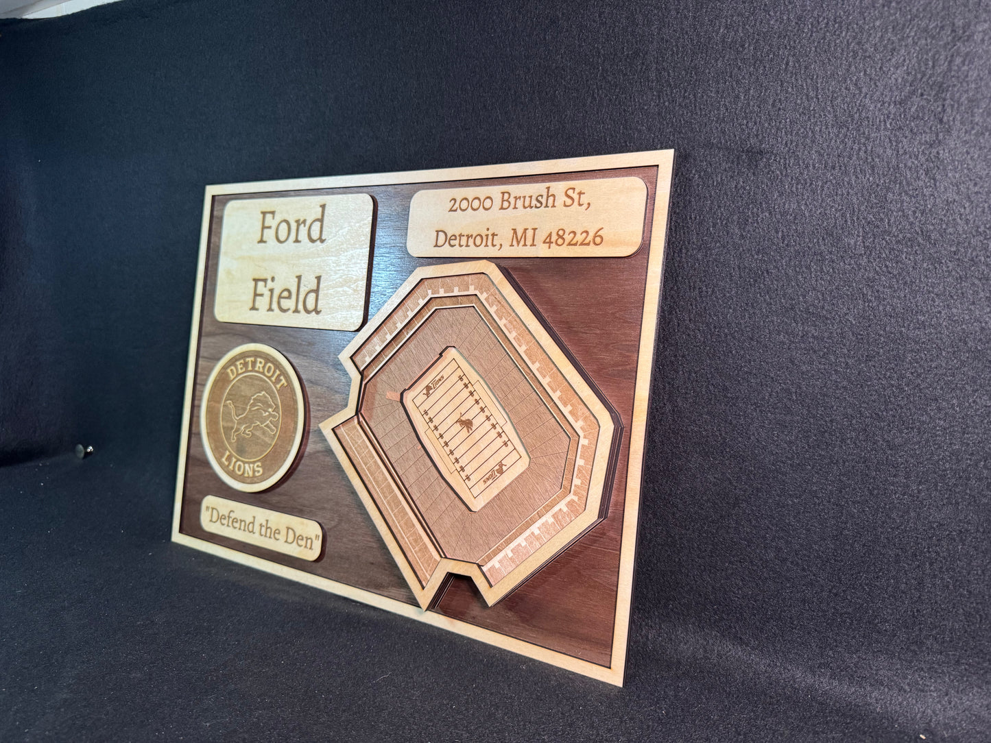 Ford Field 3D Layered Wood Art - Detroit Lions Football (Handmade)