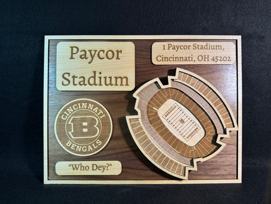 Paycor Stadium 3D Layered Wood Art - Cincinnati Bengals Football (Handmade)