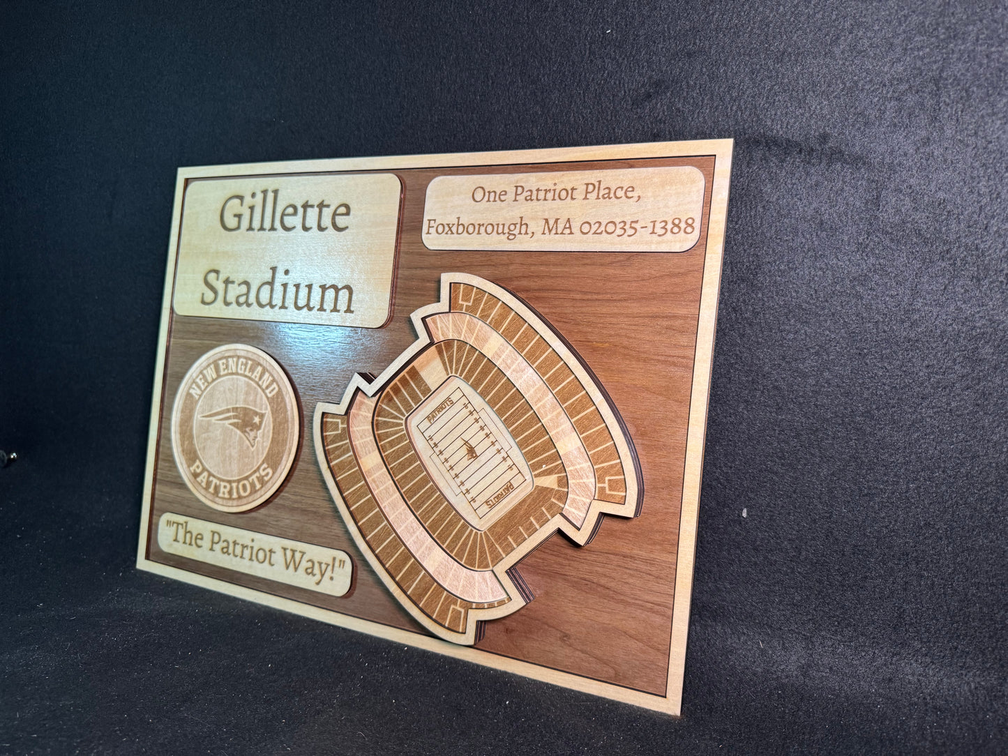 Gillette Stadium 3D Layered Wood Art - New England Patriots Football (Handmade)