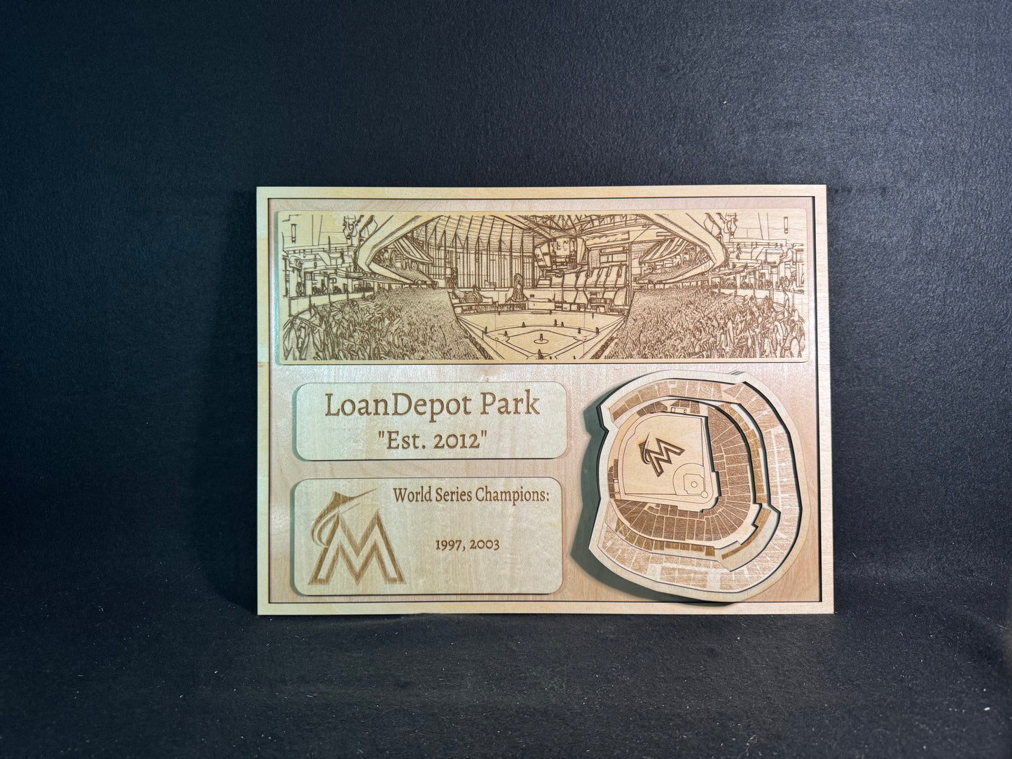 LoanDepot Park 3D Layered Wood Art - Miami Marlins Baseball (Handmade)