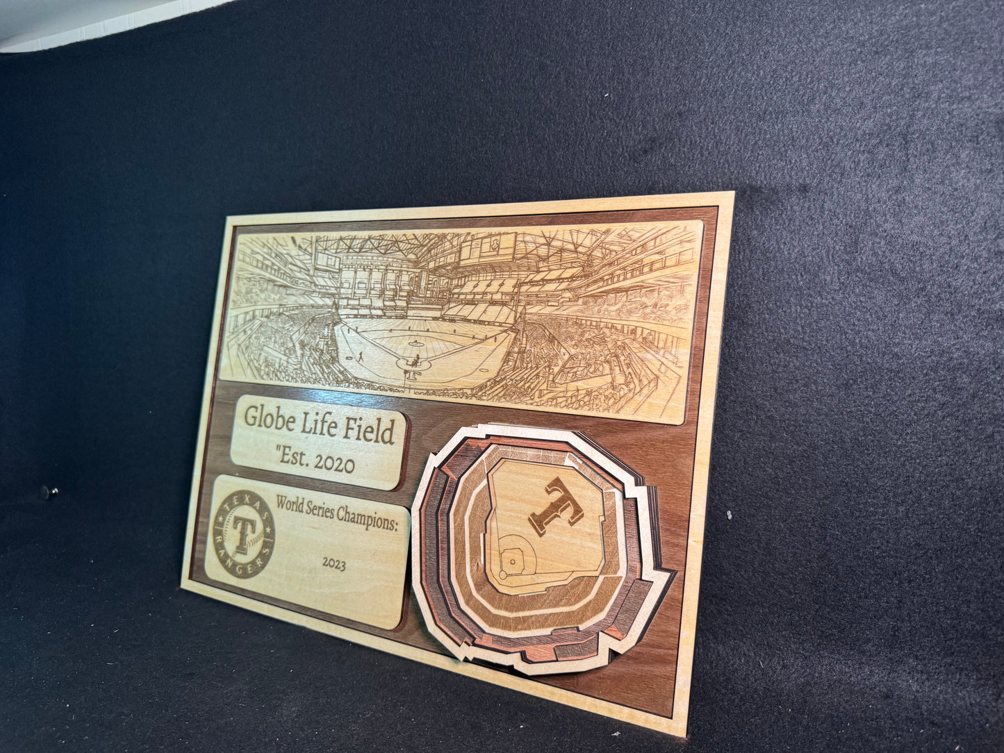 Globe Life Field 3D Layered Wood Art - Texas Rangers Baseball (Handmade)