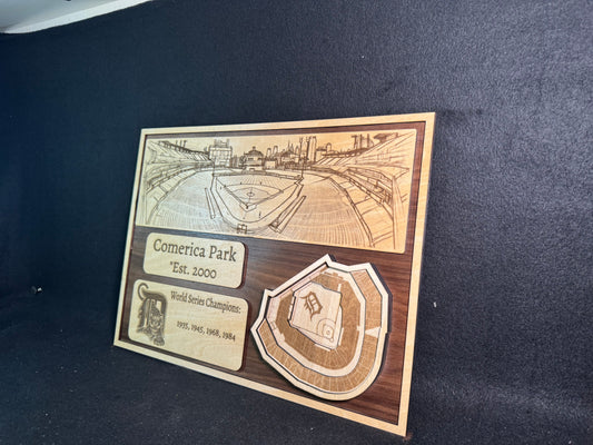 Comerica Park 3D Layered Wood Art - Detroit Baseball (Handmade)